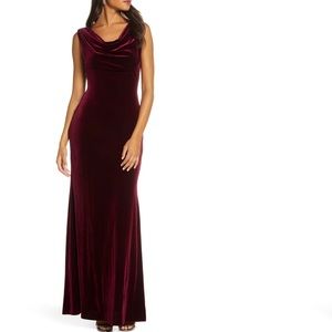 Vince Camuto Burgundy Velvet Cowl Neck Gown